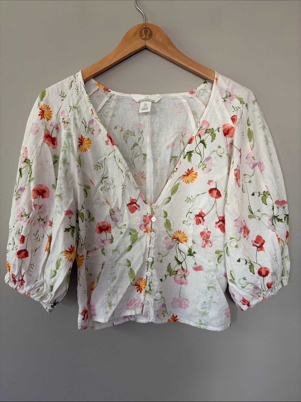 H&M Puff Shoulder Sleeve Floral Linen Blend Boho Top Peasant White Small